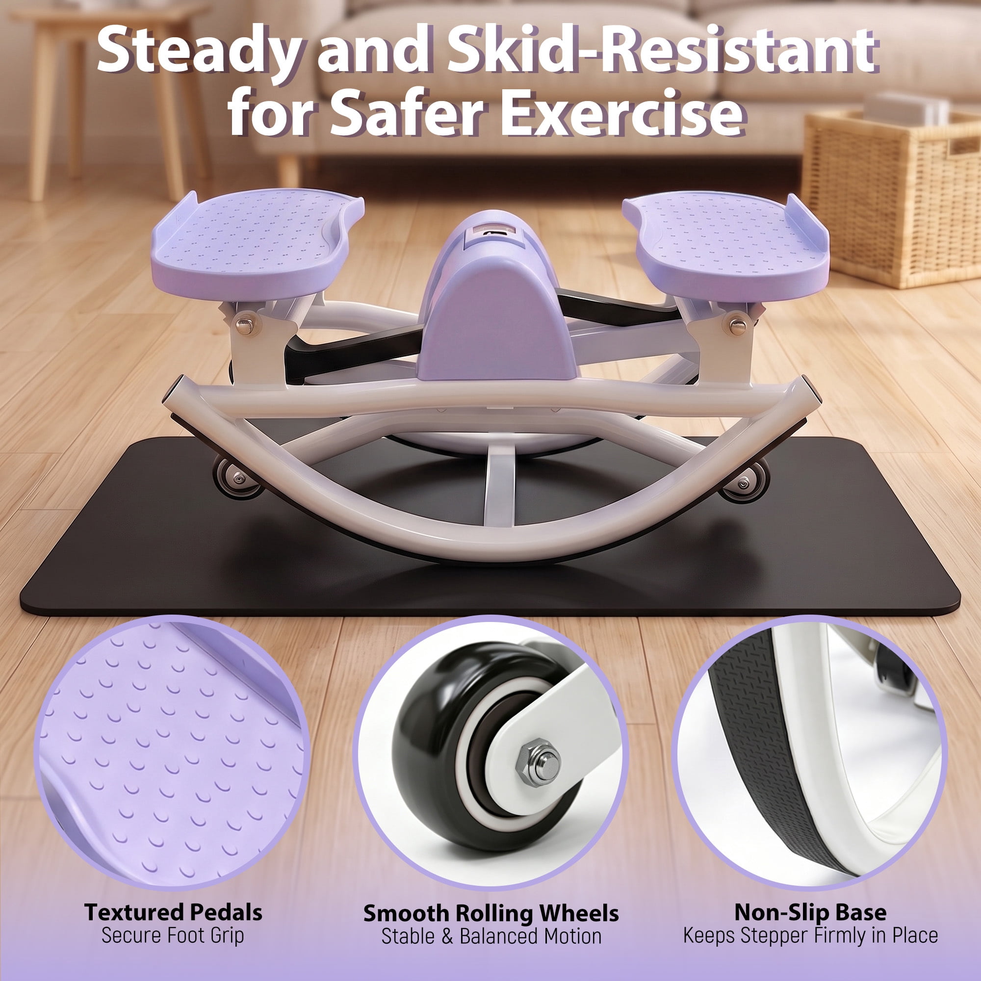 Leumius Rock Stepper for Exercise,Side-to-Side Stepper Machine with Resistance Bands & Digital Display,Foldable Mini Stepper for Home Workout,Purple