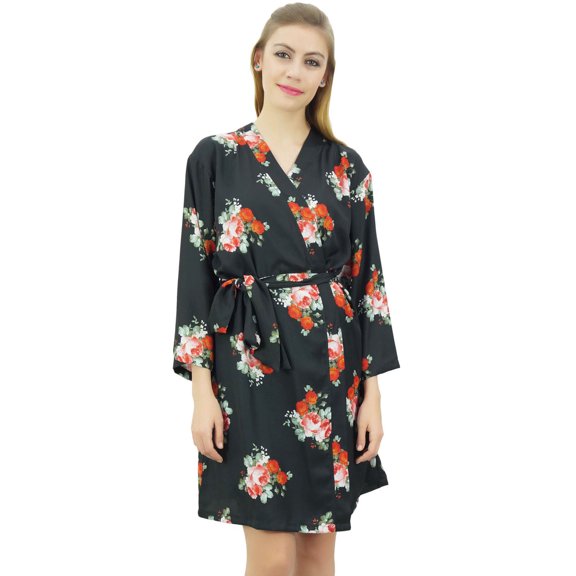 Bimba Women's Floral Printed Georgette Bridesmaid Robe Black Coverup Wrap-24