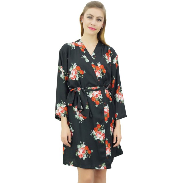 Bimba Women's Floral Printed Georgette Bridesmaid Robe Black Coverup Wrap-26