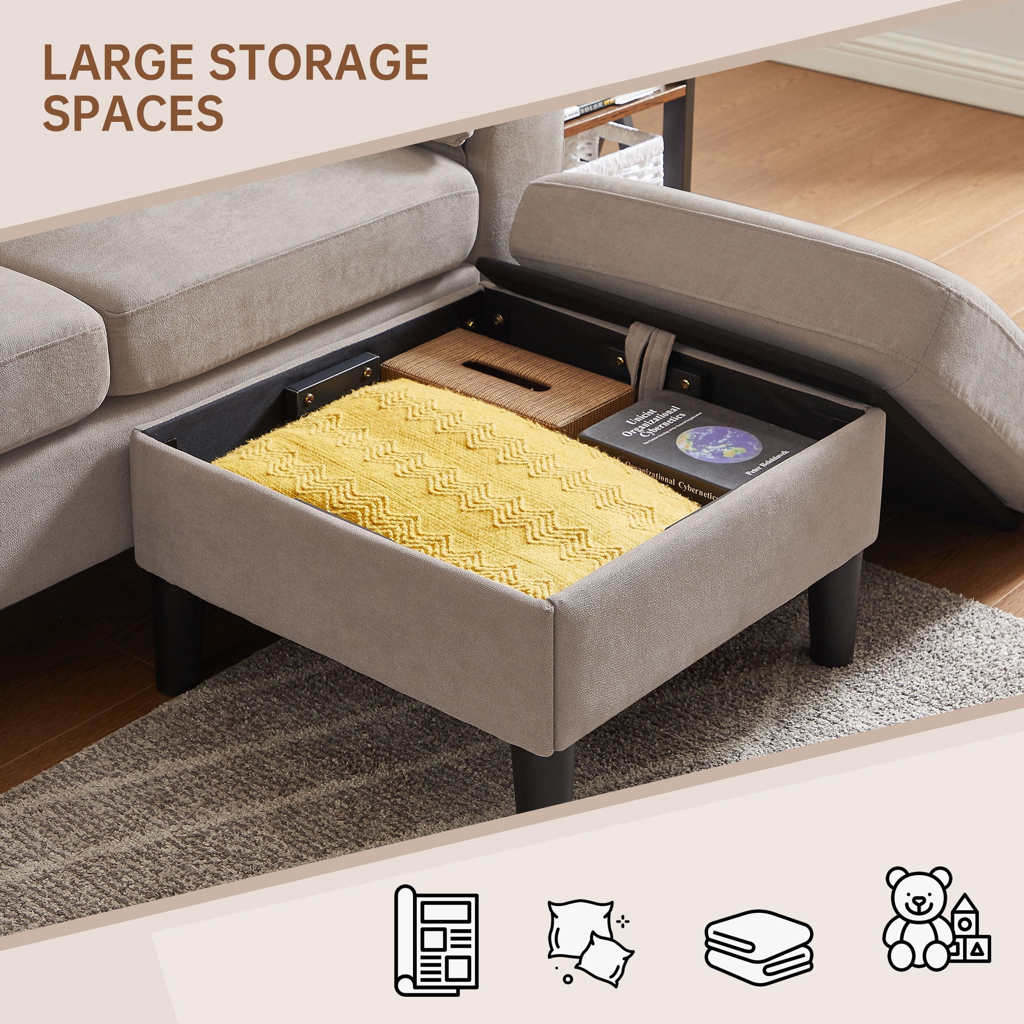 Pingliang Home 80" Sectional Sofa Couch,L Shaped 3 Seat with Reversible Storage Ottoman and Side Pockets, Modern Polyester Fabric Sofa Couches for Living Room Apartment Office Studio Small Space