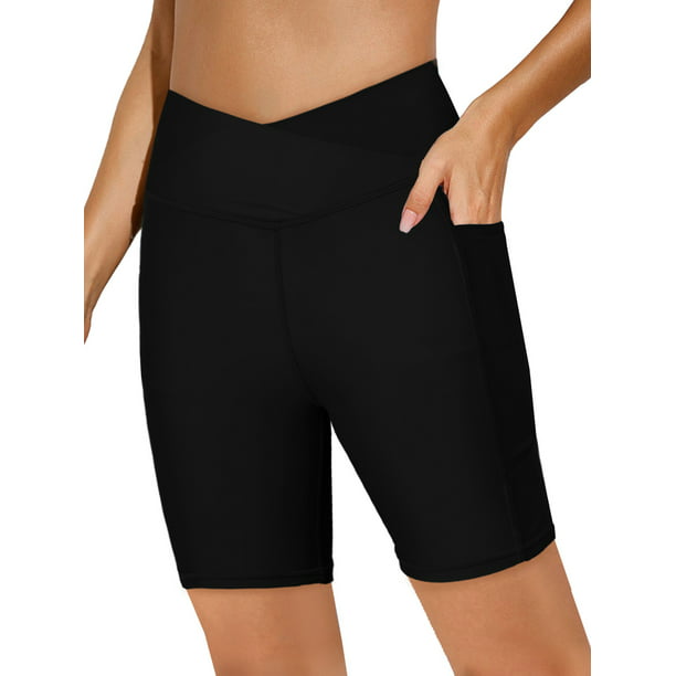 Sexy Dance Ladies Bikini Bottom Tummy Control Swimsuit High Waist Soft Swim  Shorts Solid Color Seaside Black M 