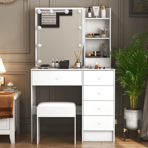 Caulitar Vanity Set with mirror and 3 Modes Led Light, Makeup Table with 6 Drawers and Stool for Bedroom White