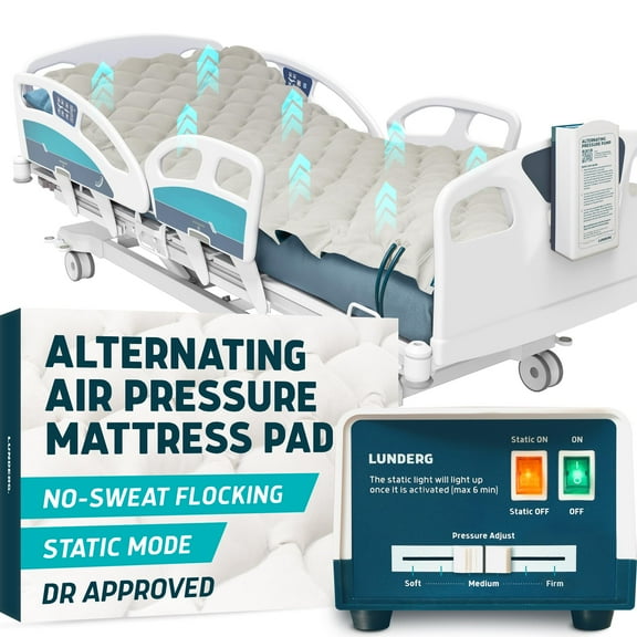 Lunderg Alternating Air Pressure Mattress Pad - with Flock-Tech & Static Mode - Bed Sore Prevention Must Have - Includes Multi-Layer Hospital Bed Mattress Topper Pad & Improved Quiet Pump