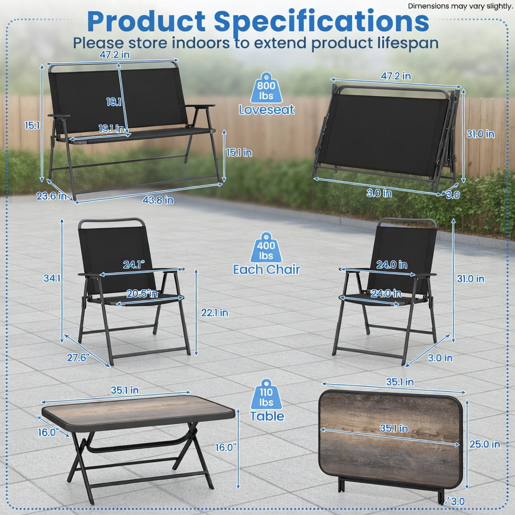 Hommoo 4-Piece Foldable Patio Furniture Set, SPC Coffee Table, Loveseat & 2 Chairs for Backyard, Poolside & Garden Use, Black