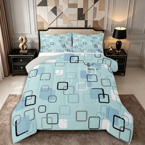 Castle Fairy Abstract Square Full Size Comforter Sets 3-Piece,Minimalism Frame Shape Bedding Comforter Set,Sky Blue Pale Cyan,Reversible,1 Comforter and 2 Pillowcases