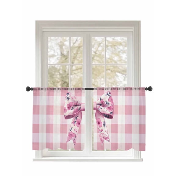 Spring Flowers Bow Sheer Curtains 2 Panels Set Sweet Pink White Plaid Lihgt Filtering Rod Pocket Voile Drape, Semi Sheer Window Curtains for Bedroom Living Room, 52"x45"