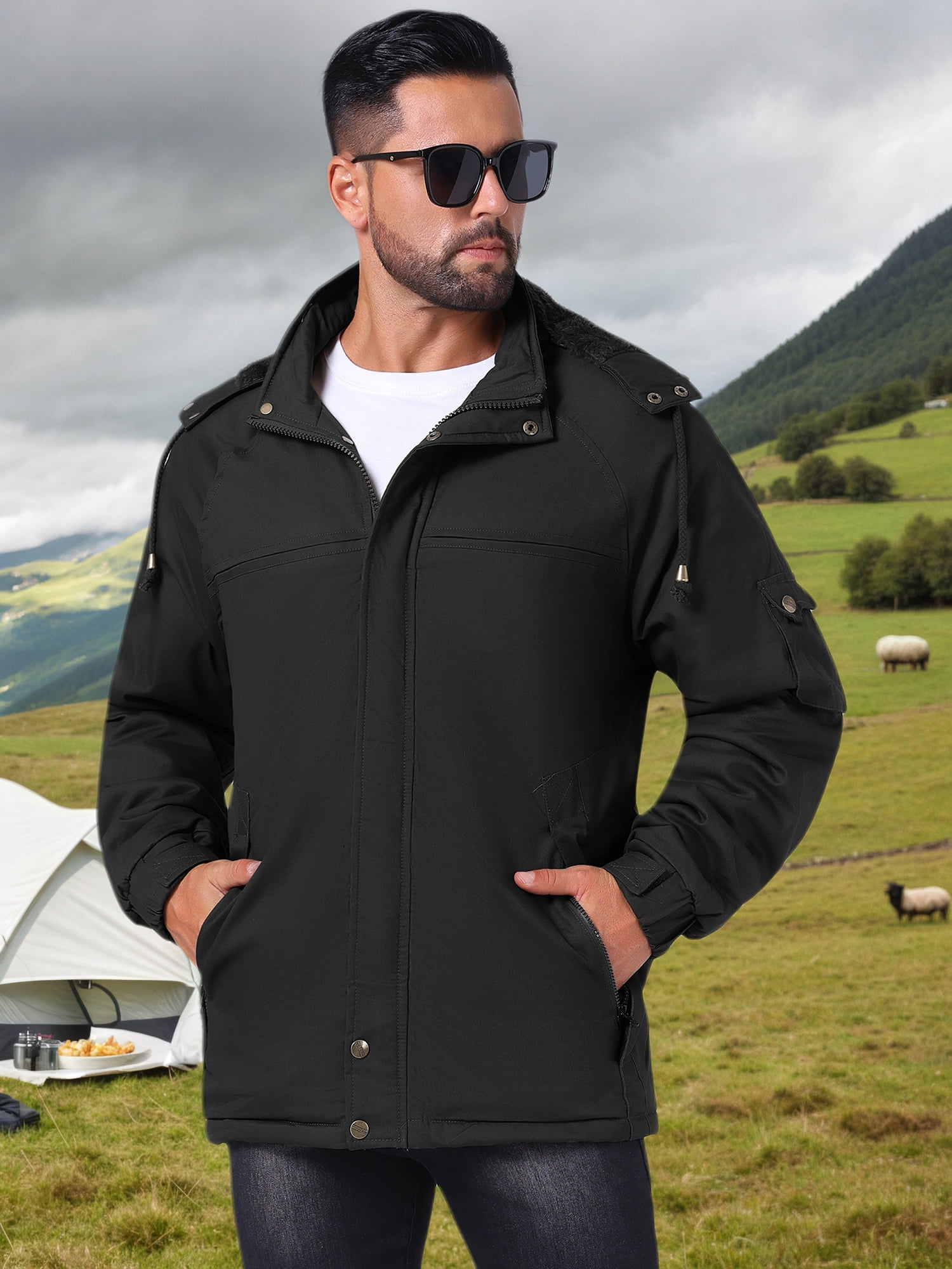 DARING DIVA Men's Winter Warm Fleece Lined Thicken Hooded Work Parka Jacket S Black
