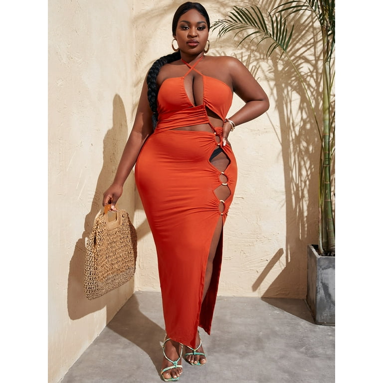 Women S Plus O Ring Cutout Split Thigh Tie Backless Bodycon Dress 22 A060w Walmart Com