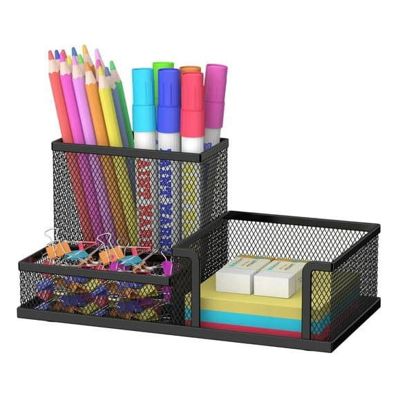 INTIGE Mesh Pen Holder Desk Organizer, Office Supplies Pencil Storage with 3 Compartments