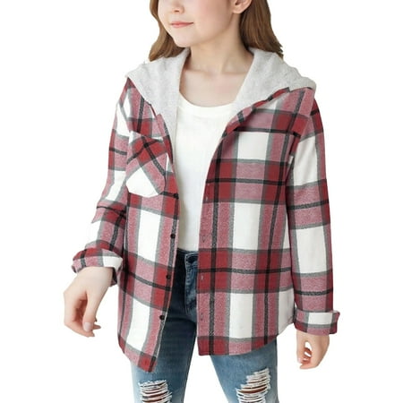 WOYY Girls Hooded Plaid Shirt Jacket Casual Soft Button Down Jacket Outerwear Sizes 3-13