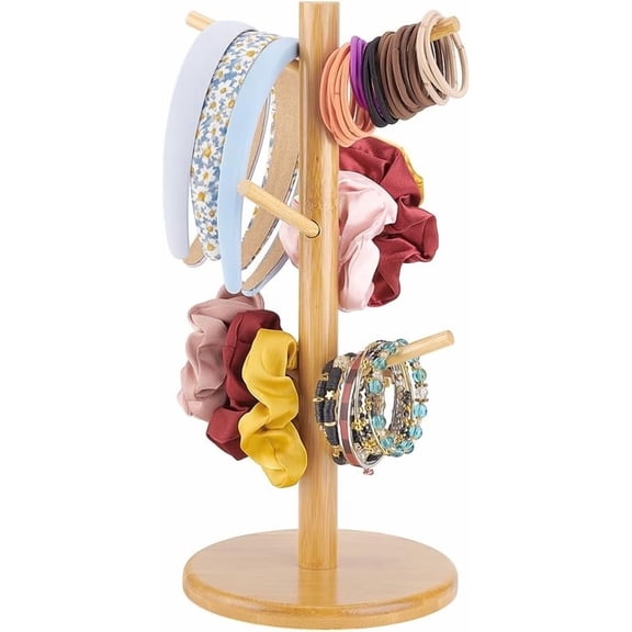 PH Wooden Scrunchie Holder Hair Tie Headband Storage Organizer Portable Watch Holder 6 Branches Bracelet Jewellery Dresser Display Stand for Home Bedroom Housewarming Gift 14x6.3 Gold DIY