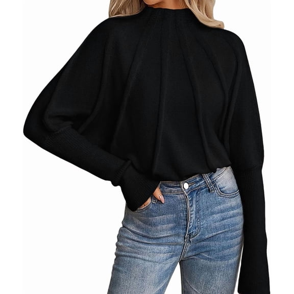 Female Mock Neck Batwing Sleeve Sweaters Fall Winter Oversized Knit Cute Pullover Sweater Dolman Tops Trendy Black L