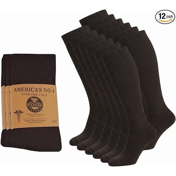 Diamond Star Diabetic Over the Calf, Non-binding Premium Cushion Cotton Knee High Comfortable Socks for Men (Brown - 12 Pairs, Socks Size 13-16)