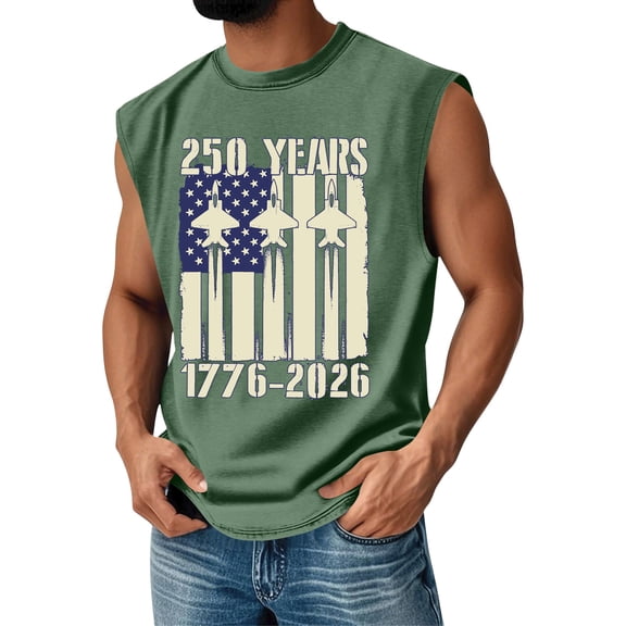 250 Year Anniversary USA Tank Top for Men 1776-2026 USA Flag Print Sleeveless Crew Neck Tshirt Retro Graphic Regular Fit Soft Summer Tee, Army Green, #01 Army Green
