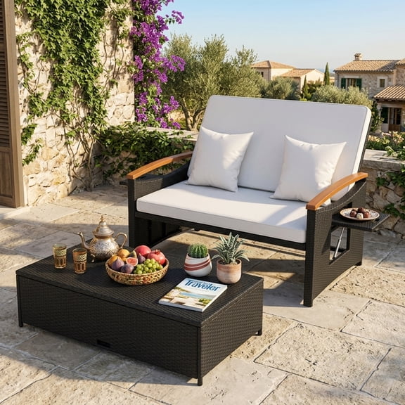 Furnibear Outdoor Wicker Daybed with Storage Ottoman, PE Rattan Patio Loveseat Sofa Set with Folding Panels & 4-Level Adjustable Backrest, 800 lbs, White Cushions