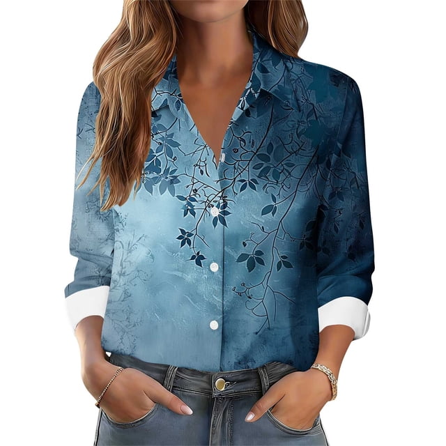 TaTaai Women Casual Button Down Printed Shirt Long Sleeve Collared Top Ladies Daily Street Office Commute Wear Soft Breathable No Fading Machine Washable Comfortable Blouse Gift