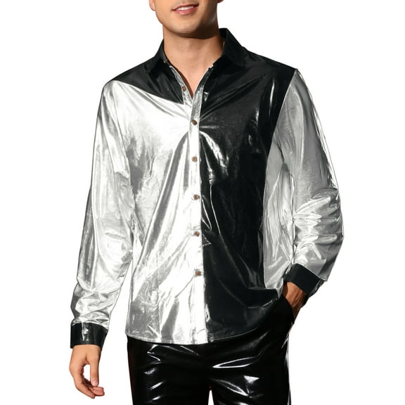 INSPIRE CHIC Metallic Shirts for Men's Long Sleeves Party Disco Color Block Shiny Shirts XL Silver Black