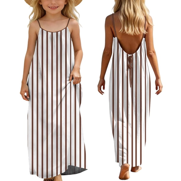 Vestido sin mangas con cuello redondo para niñas, moda para niñas, bonito vestido largo con estampado de rayas y cordón en la espalda, suelto y con tirantes.