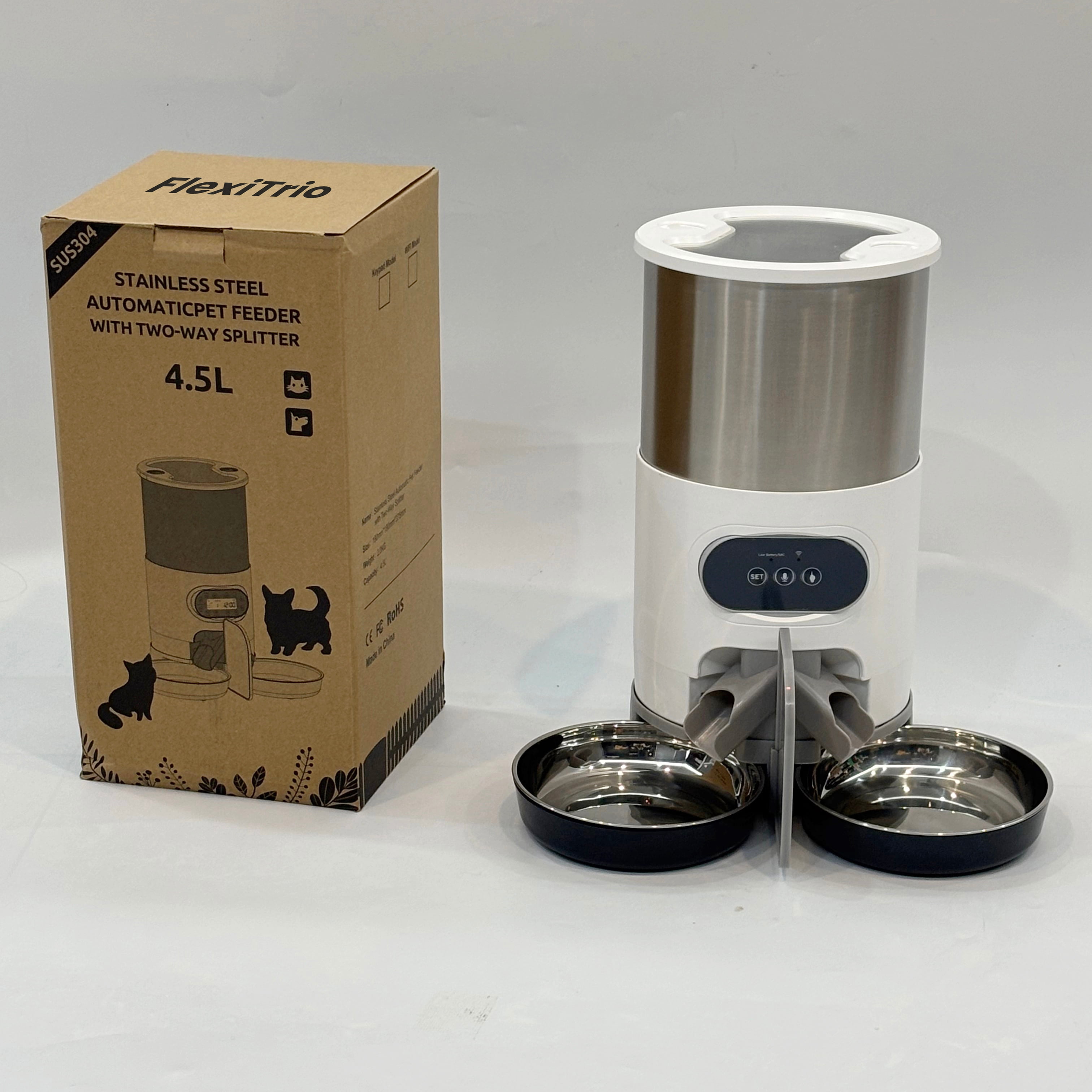 FlexiTrio Pet Feeder Cat And Dog Food Automatic Dispenser for Small And Medium-Sized Cats And Dogs Feeding Stainless Steel Double Bowl Pet Cat And Dog Feeder Easy to Clean