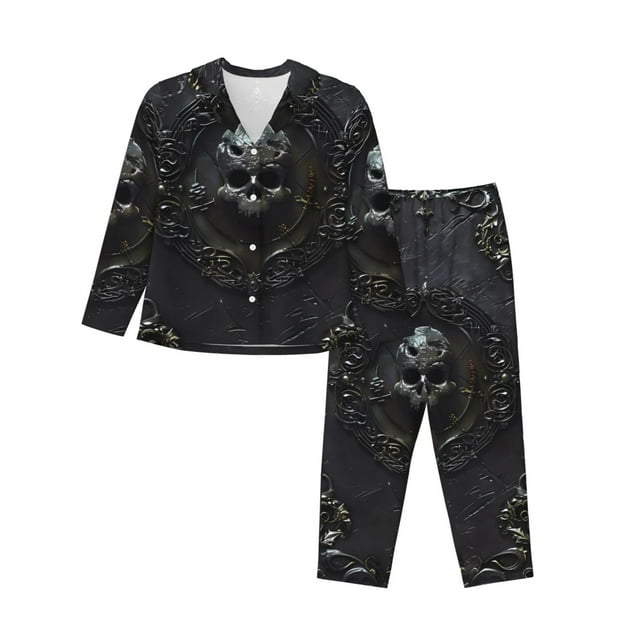 Bingfone Ensemble de Pyjama pour Femmes avec Imprimé Livre Crâne Sombre Orné, Ensemble de Pyjama à Manches Longues - Très Grand