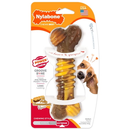 Nylabone Power Chew Groove Bone Dog Toy Dog Chew Toy Philly Cheesesteak Flavor Medium 1 Count