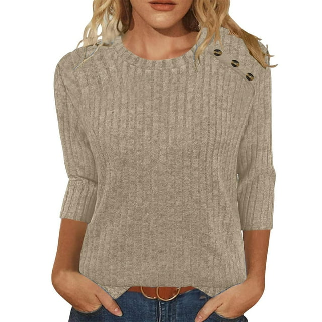 Chandails d'Automne Grande Taille pour Femmes Automne et Hiver Couleur Unie Col Rond Bas Rayé Ample Décontracté Manches Trois-Quarts
