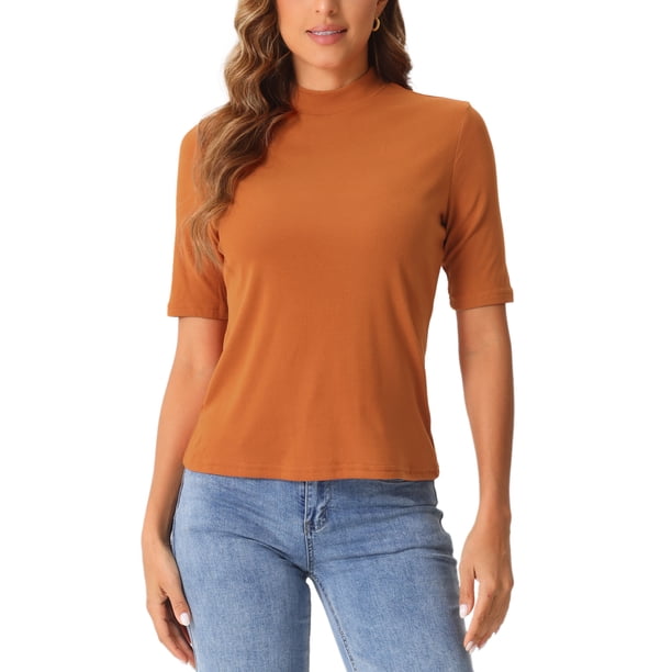 INSPIRE CHIC Camisetas de media manga para mujeres, blusa casual de cuello alto, tops sólidos elásticos y suaves de longitud hasta el codo, S Naranja oscuro