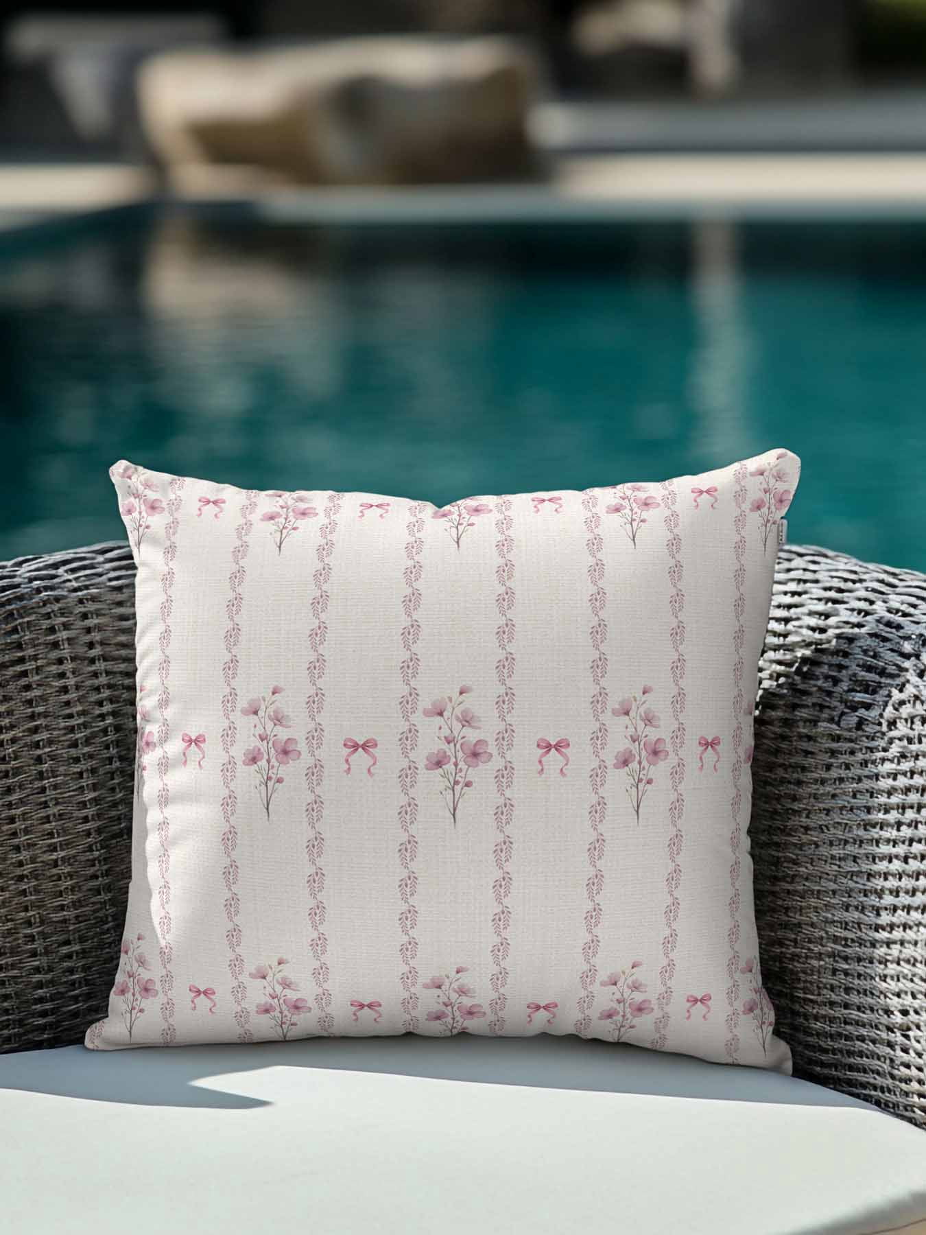 1 Pack Outdoor Throw Pillow, Pink Floral Waterproof Pillow with Insert Included, Spring Watercolor Flowers Leaf Bows Beige Decorative Accent Cushion Sofa Pillows for Patio Porch, 18 x 18 In