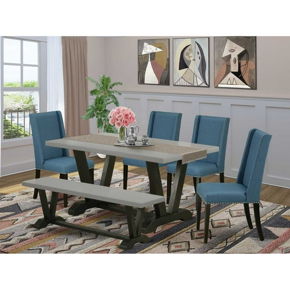 East West Furniture 6-Piece Beautiful Modern Dining Table Set an Excellent Cement Color Dining Table Top and Cement Color Indoor Bench and 4 Beautiful Linen Fabric Kitchen Chairs with Nail Heads...