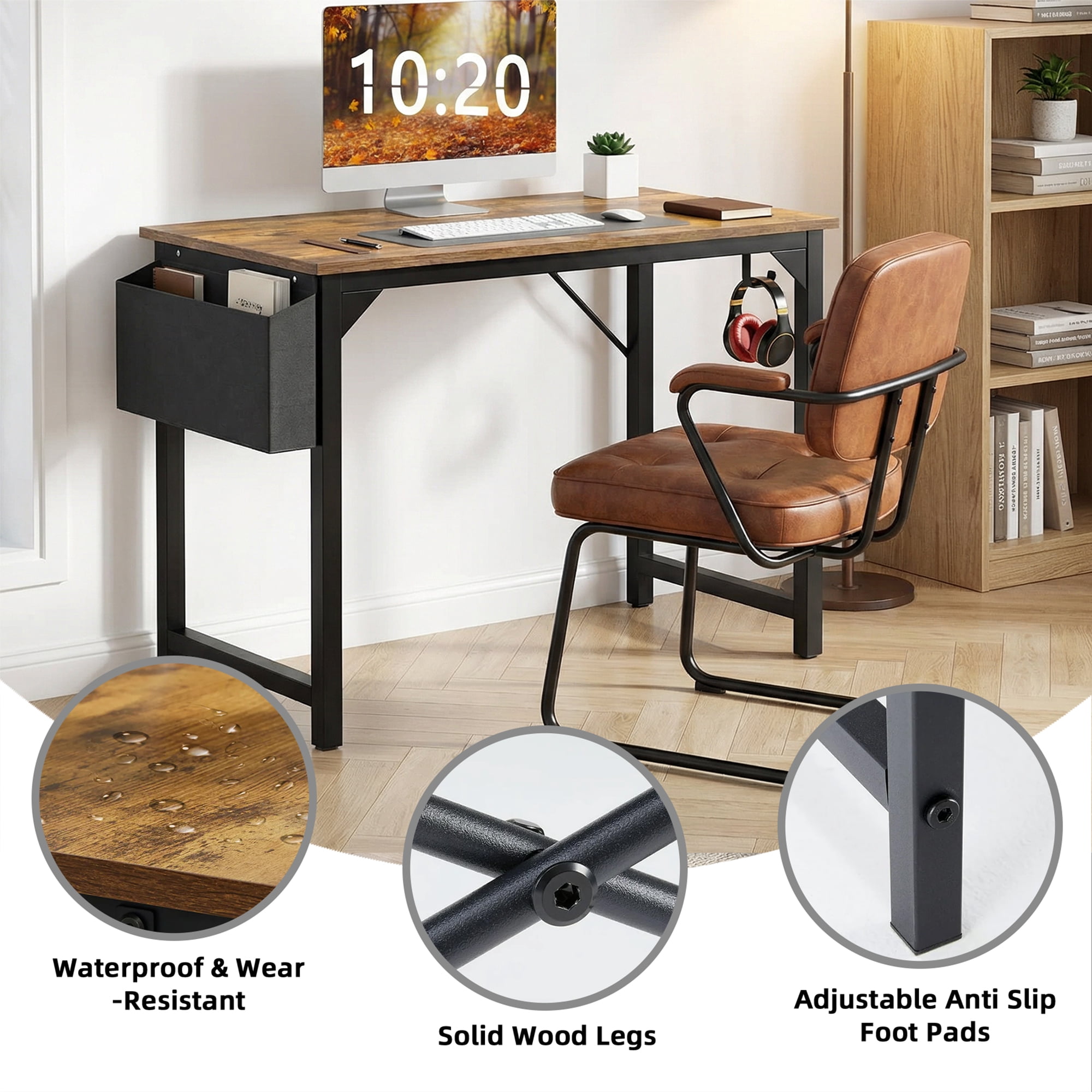 MAYEERTY Office Computer Desk, Fabric Storage Bag, Sturdy Steel Frame & Wooden Tabletop