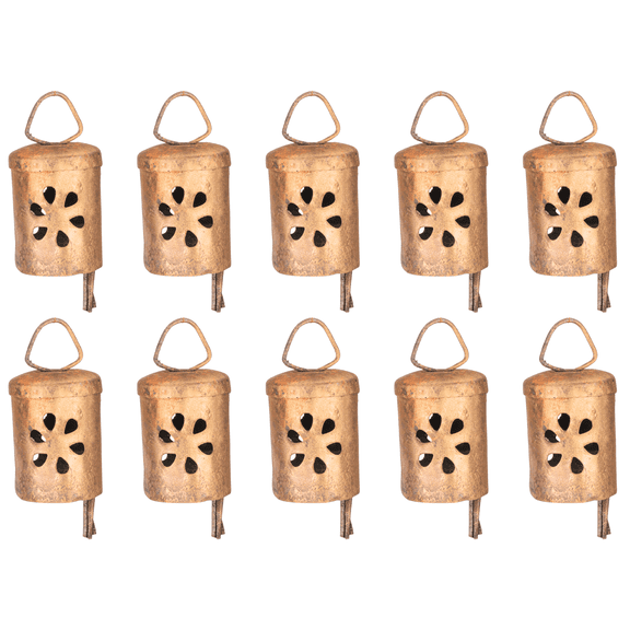 Vivanta 10 Pcs Vintage Hanging Metal Bells – Rustic Gold Farmhouse Ornaments for Crafts, Door Knobs, Wind Chime & Wall Decor