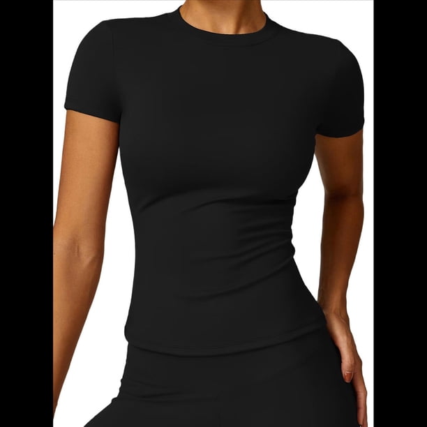 Camiseta Básica de Verano para Mujer, Corta, Cuello Redondo, Corte Ajustado, Top Corto Negro L