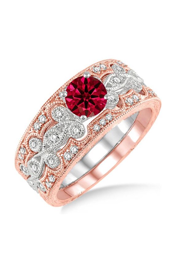 Fantastic Mind Blowing Moissanite Diamond 2.75 Carat Red Ruby Round Cut Vintage Look Trio Bridal Set Engagement Ring on 10k White Gold