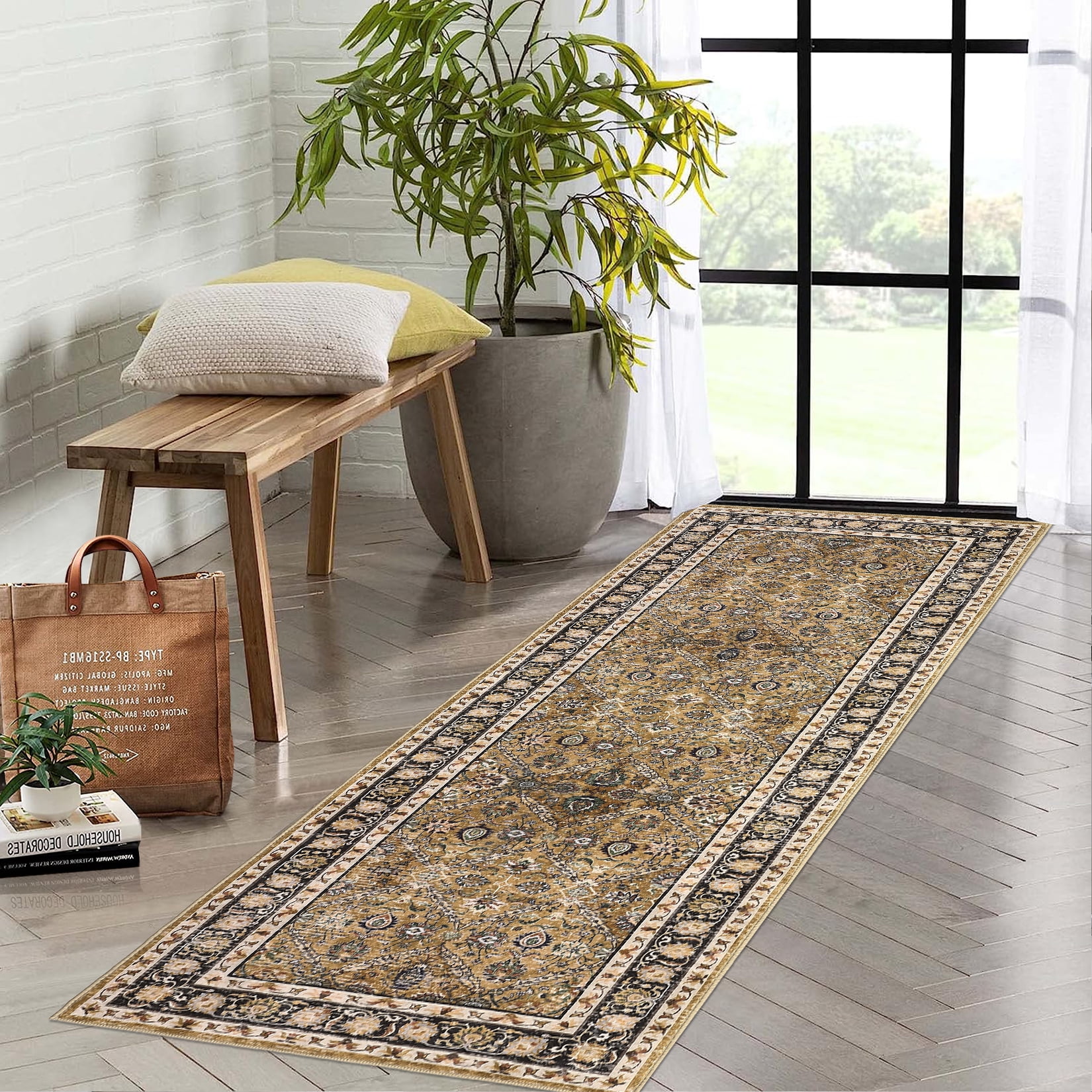 Hasoo Runner Rug 2' x 6' Washable Rugs for Hallway Moroccan Carpet Vintage Rug, Brown