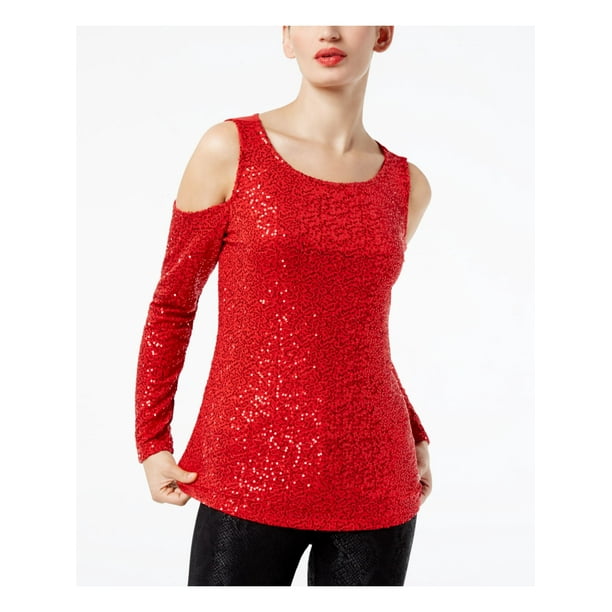 INC - INC Womens Red Sequined Long Sleeve Scoop Neck Tunic Party Top ...