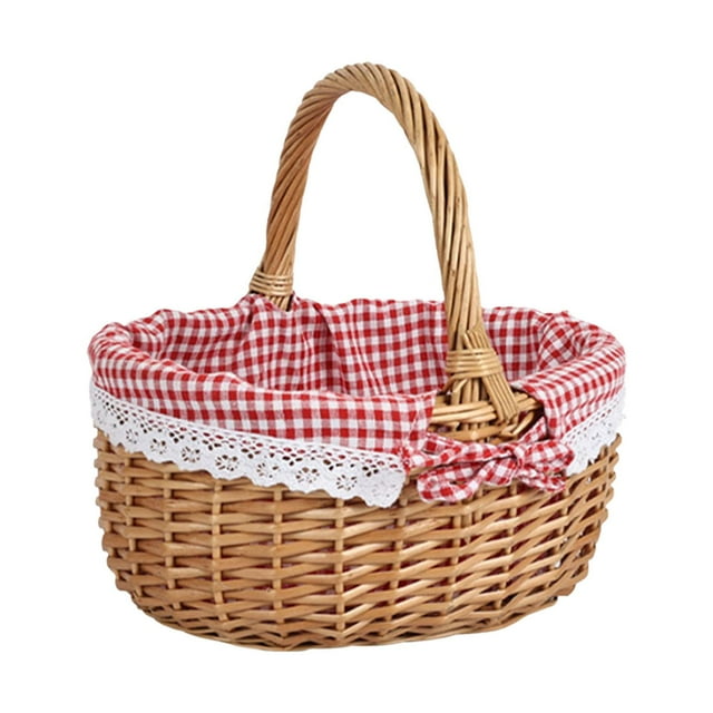 Cesta de mimbre para picnic con asa, tejida a mano, para regalo, para guardar cosas S rojo blanco