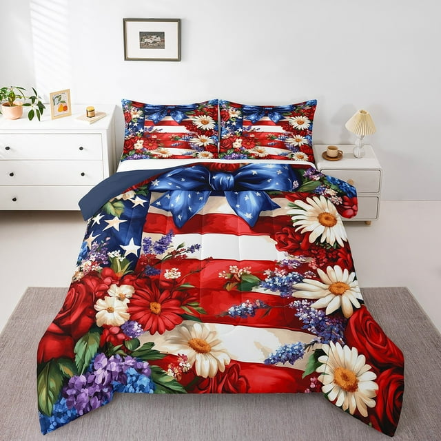 Ensemble de Literie Jour de l'Indépendance Taille Complète, Rayures Rouges Bleues Étoiles Drapeau Américain Ensemble de Literie pour Jeunes, Nœud Bleu Marguerites Aquarelle Couette, 3 Pcs 2 Taies d'Oreiller