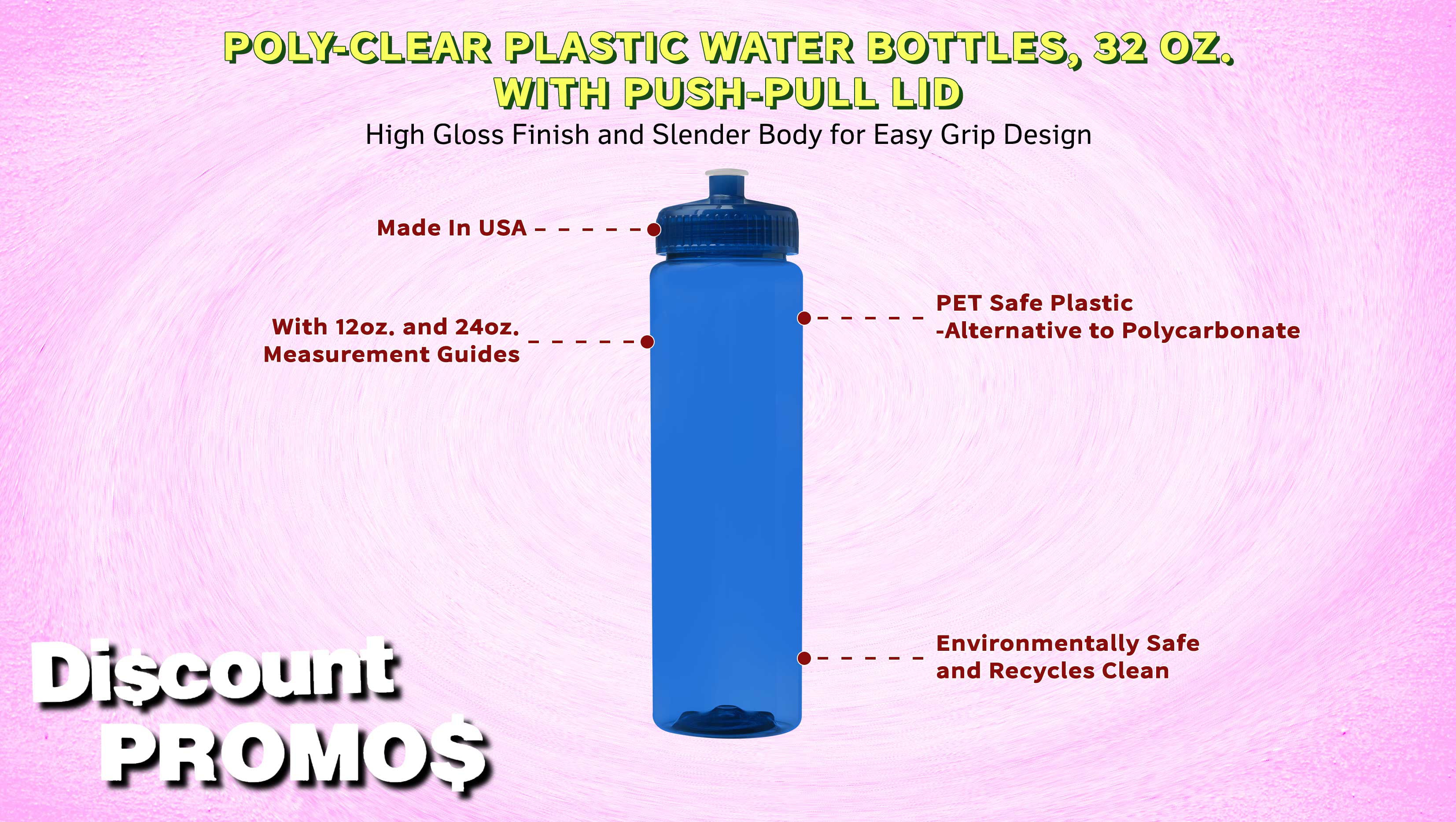 10 Poly-Clear Plastic Water Bottles Set, 32 oz. - Durable, Leak-Resistant,  Push-Pull Lids - Trans Red