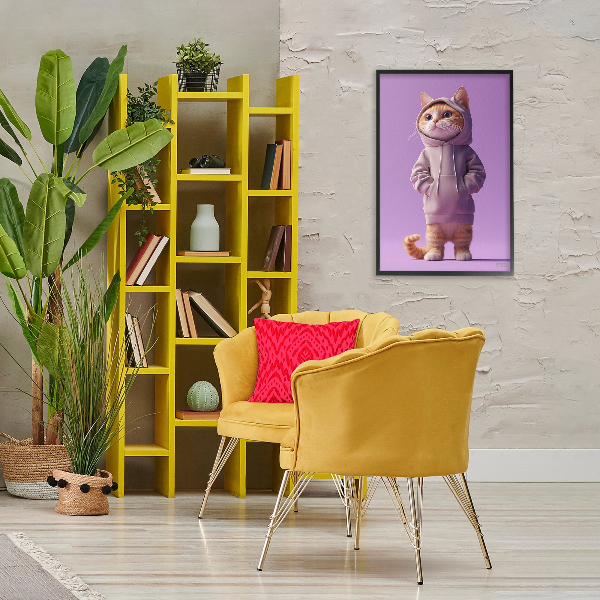 Stupell Industries Trendy Cat in Purple Animals & Insects Painting Black Framed Art Print Wall Art, 20 x 30