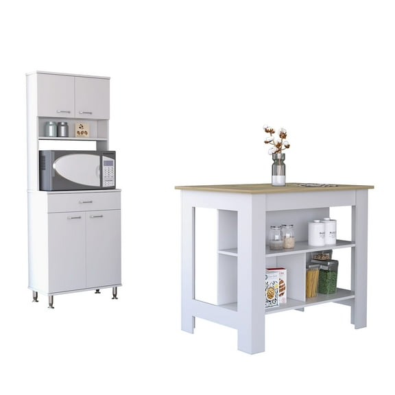 Cala 2 Piece Kitchen Set, Cala Kitchen Island   Della 60 Pantry, White /Light Oak