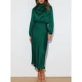 thumbnail image 5 of Women's Elegant Long Sleeve Satin Dress Mock Neck Elastic Waist Cocktail Party Wedding Guest Midi Dresses, 5 of 12