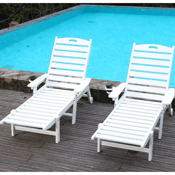 YIYADO White HDPE Pool Lounge Chair with Wheels & Cup Holder, 360 LBS Weight Capacity