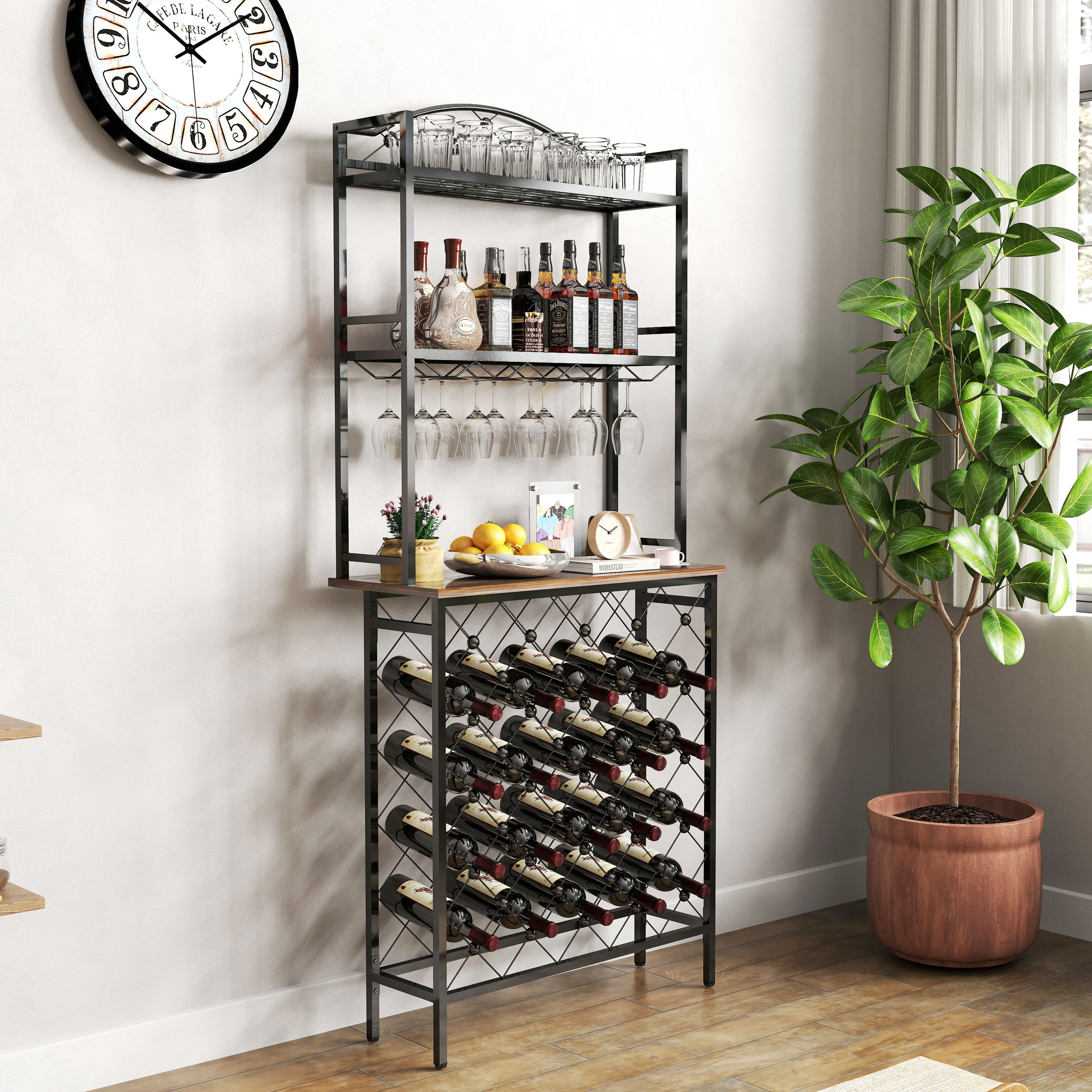 Wine Rack Bar Table, 3-Tier Liquor Bottle and Glass Holder