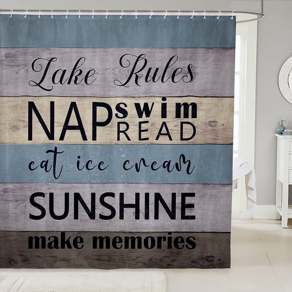 Lake Rules Shower Curtain Rustic Farmhouse Bathroom Shower Curtain Set for Kids Adult Lake Theme Bath Curtain Vintage Wood Panels Waterproof Curtains Room Decor 72 x 72 Inch