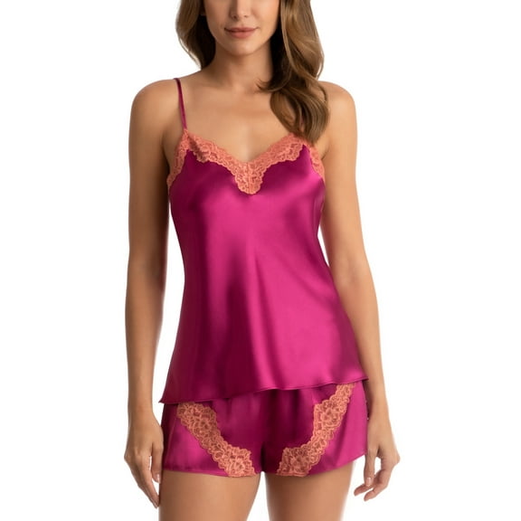 Linea Donatella Women's Contrast Lace & Satin Cami-Tap Set XLarge, Purple