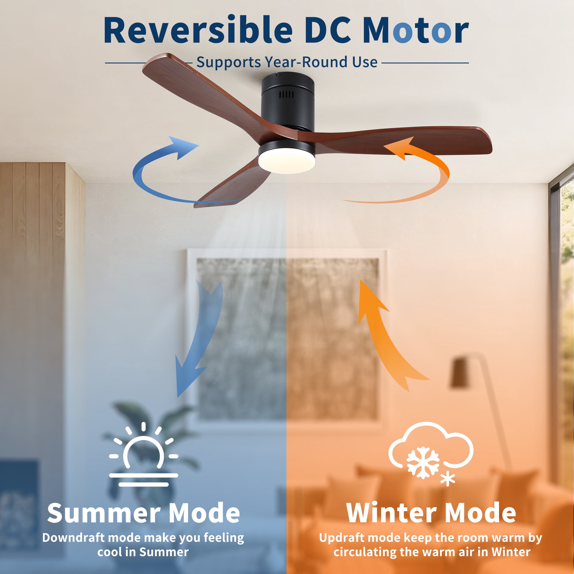 Leumius 52" Mordern Matte Black Farmhouse Retro Solid Wood Low Profile Flush Mount Intergrated LED Ceiling Fan with Light for Living Room Bedroom