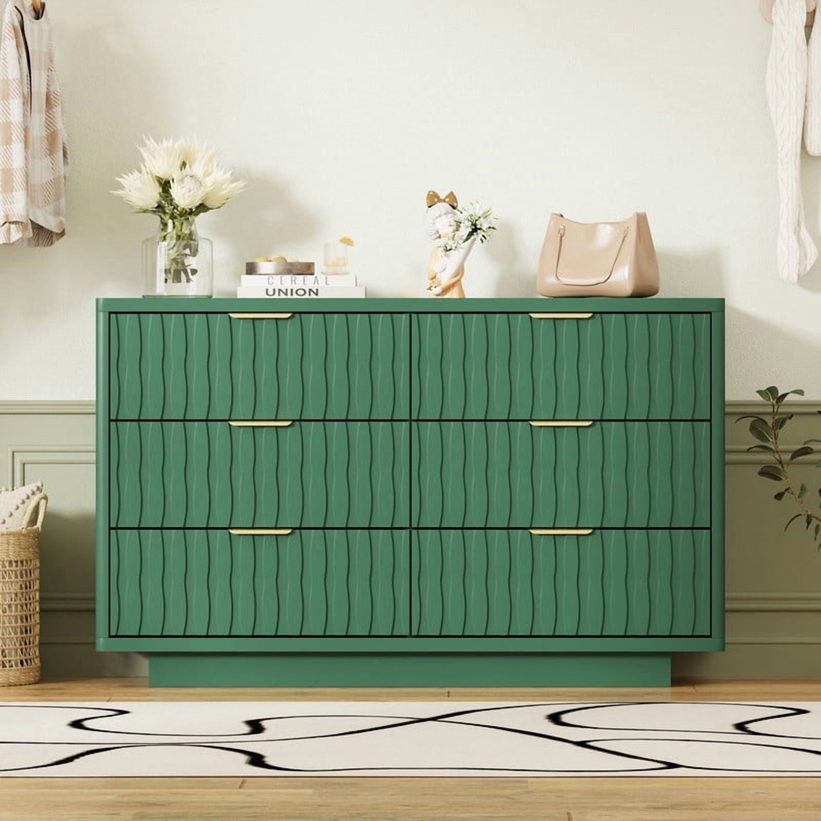 Fluted 6 Drawer Dresser for Bedroom, Wide Modern Chest of Drawers with Metal Handle, Curved Profile Design, Wood Closet Clothes Storage Organizer for Bedroom, Living Room, Hallway