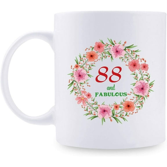 88th Birthday Gifts for Women - 88 and Fabulous with A Garland Birthday Mug - 88 Year Old Present Ideas for Mom, Wife, Grandmother, Daughter, Sisters, Friends, Colleague, Coworker - 11 oz Coffee Mug
