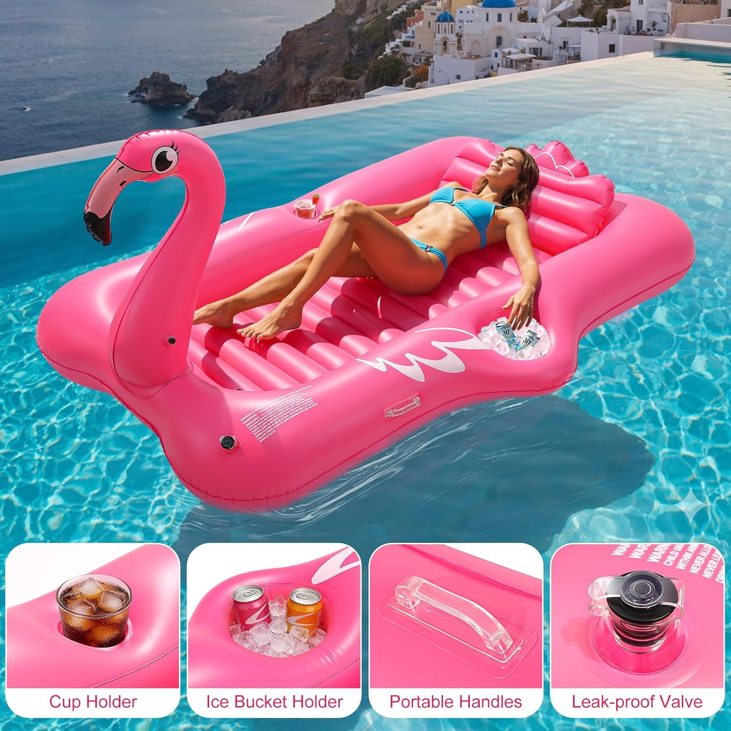 HeySplash Inflatable Tanning Pool, Flamingo Tanning Pool Lounger with Cup Holder, Floaties for Adults, Inflatable Pools Floats with Dual Handles Detachable Pillow for Beach Summer