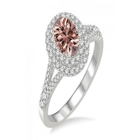 Double Halo Oval Shape Morganite and Diamond Engagement Ring in 14k White Gold affordable morganite and diamond engagement ring